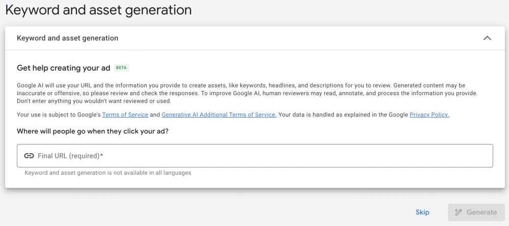 screenshot of keyword and asset generation