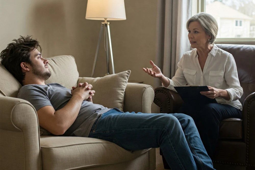 photo of a therapist talking to a patient